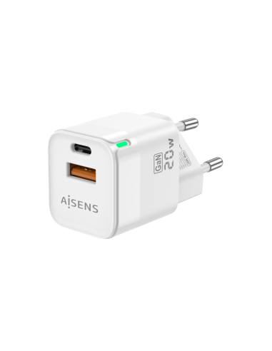 AISENS Cargador Gan 20W, 1xUSB-C PD3.0 QC4.0, 1xUSB-A QC3.0, Blanco