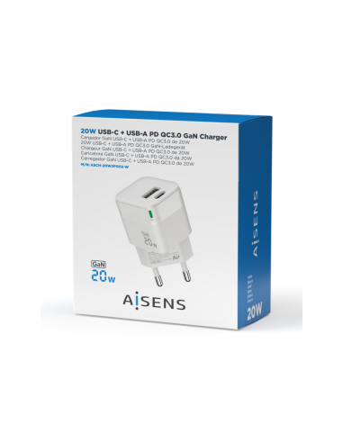 AISENS Cargador Gan 20W, 1xUSB-C PD3.0 QC4.0, 1xUSB-A QC3.0, Blanco