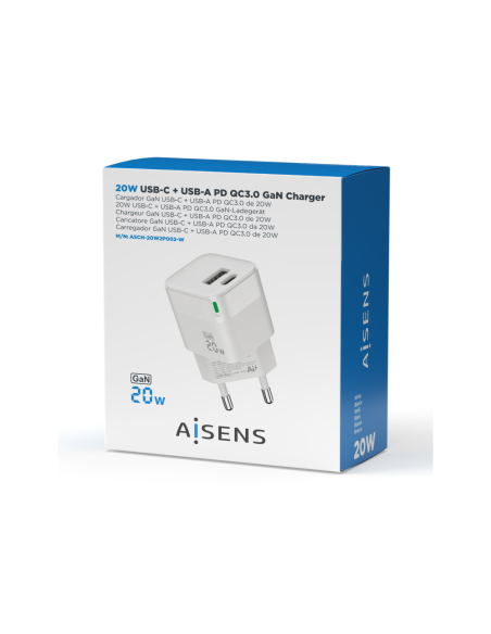 AISENS Cargador Gan 20W, 1xUSB-C PD3.0 QC4.0, 1xUSB-A QC3.0, Blanco