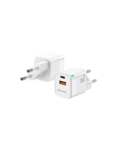 AISENS Cargador Gan 30W, 1xUSB-C PD3.0 QC4.0, 1xUSB-A QC3.0, Blanco