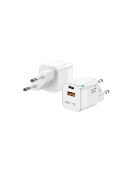 AISENS Cargador Gan 30W, 1xUSB-C PD3.0 QC4.0, 1xUSB-A QC3.0, Blanco