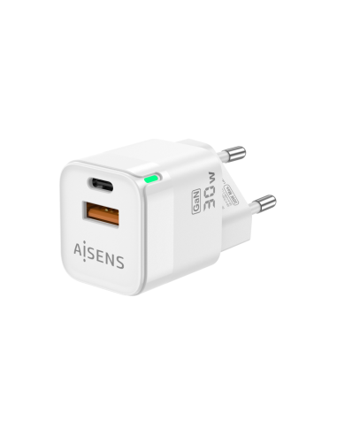 AISENS Cargador Gan 30W, 1xUSB-C PD3.0 QC4.0, 1xUSB-A QC3.0, Blanco