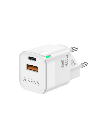 AISENS Cargador Gan 30W, 1xUSB-C PD3.0 QC4.0, 1xUSB-A QC3.0, Blanco