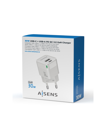 AISENS Cargador Gan 30W, 1xUSB-C PD3.0 QC4.0, 1xUSB-A QC3.0, Blanco