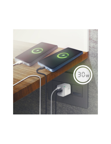 AISENS Cargador Gan 30W, 1xUSB-C PD3.0 QC4.0, 1xUSB-A QC3.0, Blanco