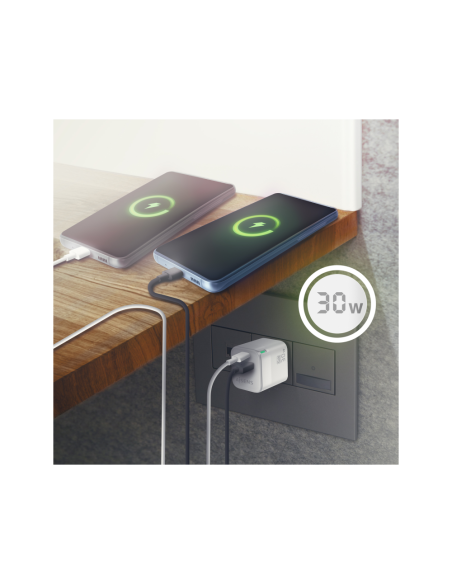 AISENS Cargador Gan 30W, 1xUSB-C PD3.0 QC4.0, 1xUSB-A QC3.0, Blanco