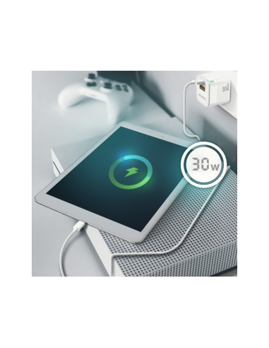 AISENS Cargador Gan 30W, 1xUSB-C PD3.0 QC4.0, 1xUSB-A QC3.0, Blanco