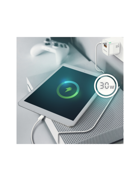 AISENS Cargador Gan 30W, 1xUSB-C PD3.0 QC4.0, 1xUSB-A QC3.0, Blanco