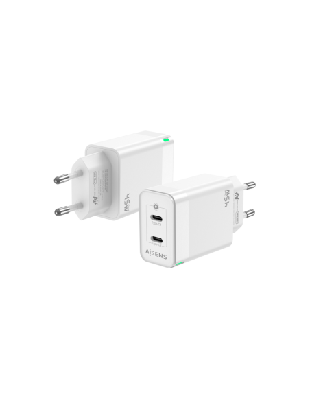 AISENS Cargador Gan 45W, 2xUSB-C PD3.0 QC4.0, Blanco