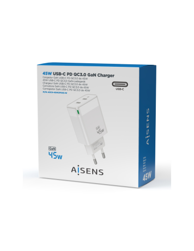 AISENS Cargador Gan 45W, 2xUSB-C PD3.0 QC4.0, Blanco