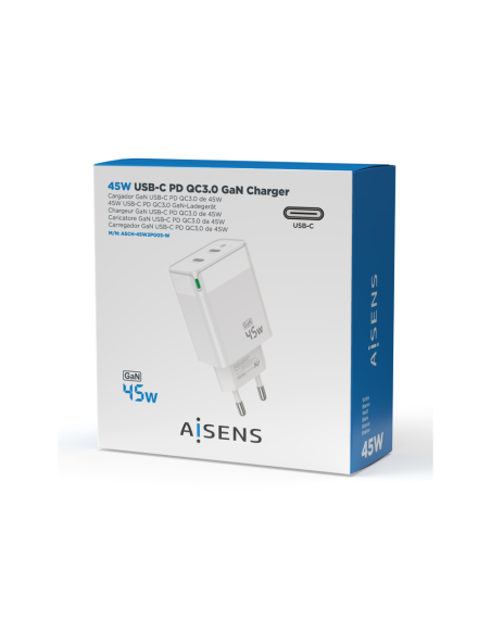 AISENS Cargador Gan 45W, 2xUSB-C PD3.0 QC4.0, Blanco