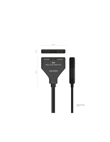 AISENS HDMI Duplicador 4K@30HZ 1×2 con Alimentación USB y Cable, Negro, 30 cm