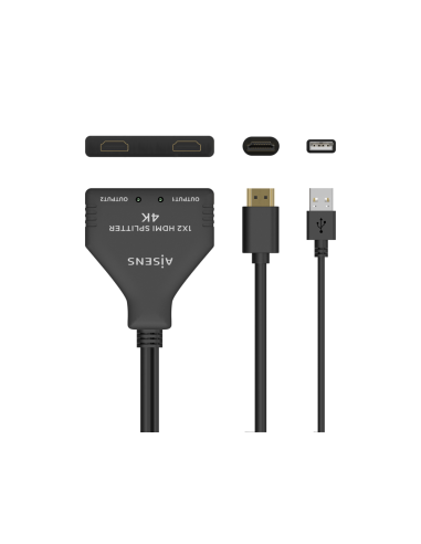 AISENS HDMI Duplicador 4K@30HZ 1×2 con Alimentación USB y Cable, Negro, 30 cm