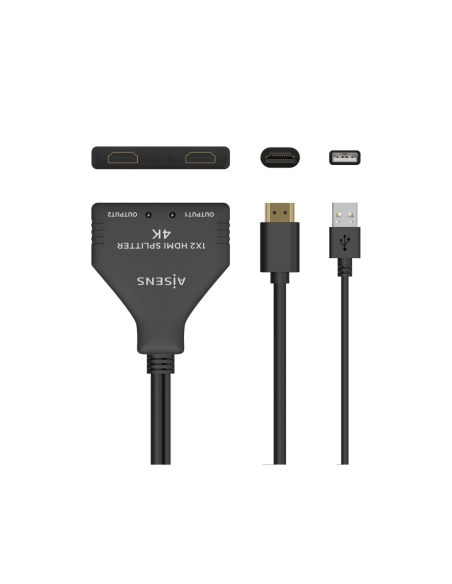 AISENS HDMI Duplicador 4K@30HZ 1×2 con Alimentación USB y Cable, Negro, 30 cm