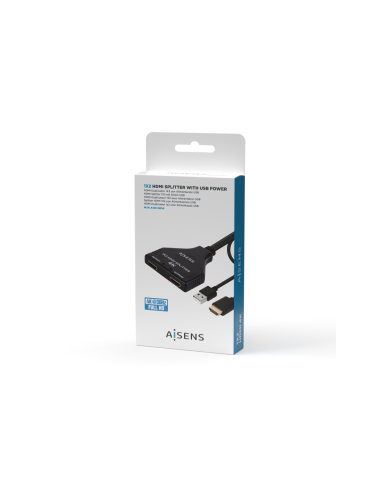 AISENS HDMI Duplicador 4K@30HZ 1×2 con Alimentación USB y Cable, Negro, 30 cm