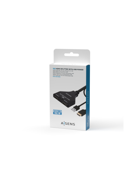 AISENS HDMI Duplicador 4K@30HZ 1×2 con Alimentación USB y Cable, Negro, 30 cm