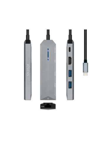 AISENS USB-C dock 5 en 1, USB-C a 1xHDMI, 1xRJ45, 2xUSB, 1xPD, Gris, 15 cm