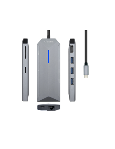 AISENS USB-C dock 8 en 1, USB-C a 1xHDMI, 1xRJ45, 3xUSB, 1xPD, 1xSD, 1xMicroSD, Gris, 15 cm