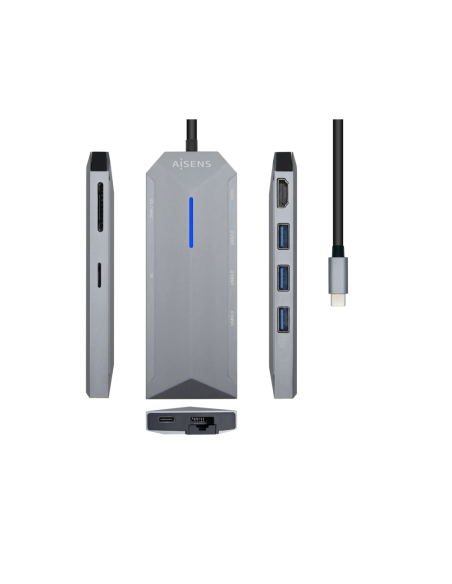AISENS USB-C dock 8 en 1, USB-C a 1xHDMI, 1xRJ45, 3xUSB, 1xPD, 1xSD, 1xMicroSD, Gris, 15 cm