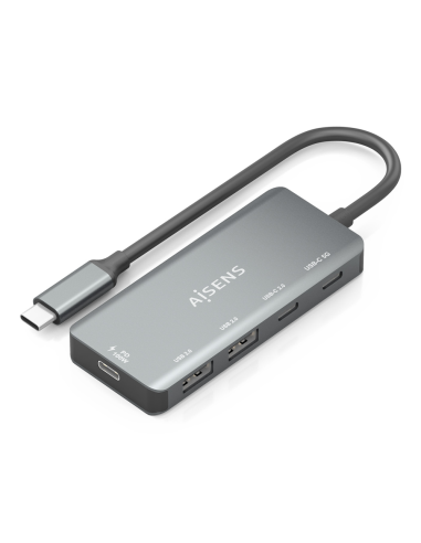 AISENS Hub USB 3.1 USB-C, USB-C/M-1xUSB-C PD 100W+1xUSB-C USB3.0/H+1xUSB-C USB2.0/H+2xUSB-A USB2.0/H, Gris, 15cm