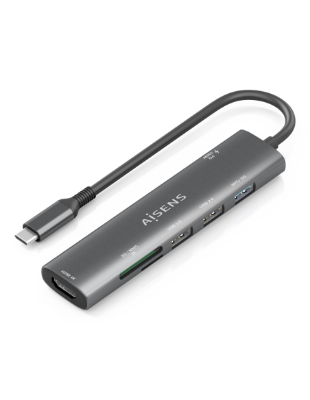 AISENS USB-C Dock 7 en 1, USB-C A, 1x HDMI, 2x USB-A USB2.0, 1x USB-A USB3.0, 1x USB-C PD 100W, 1x SD, 1x MicroSD, Gris, 15cm