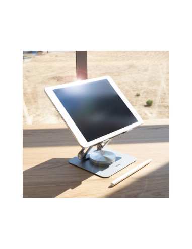 TooQ Soporte de Sobremesa con rotación 360° y ajustable para dispositivos de hasta 13”, Color Plata