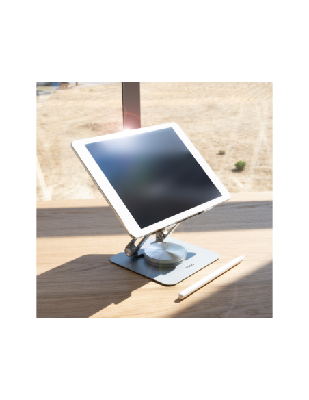 TooQ Soporte de Sobremesa con rotación 360° y ajustable para dispositivos de hasta 13”, Color Plata
