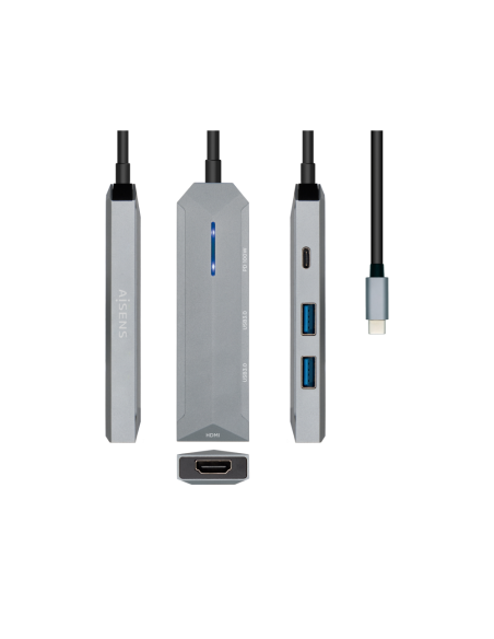 AISENS USB-C dock 4 en 1, USB-C a 1xHDMI, 2xUSB, 1xPD, Gris, 15 cm