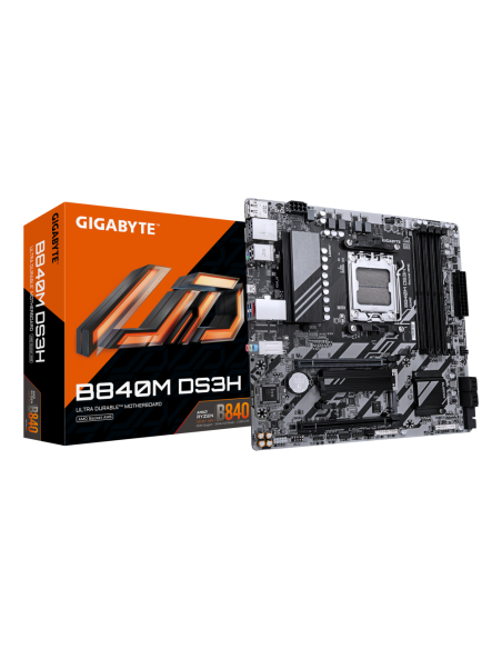 GIGABYTE B840M DS3H Placa base - Procesadores AMD Ryzen 9000, VRM de 8+2+2 fases, hasta 8200 MHz DDR5, 2xPCIe 4.0 M.2, LAN 2.5Gb