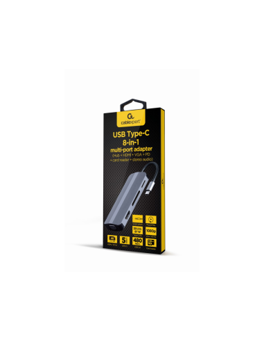 Gembird Adaptador combinado USB tipo C 8 en 1 (Hub + HDMI + PD + lector de tarjetas + LAN)