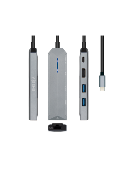 AISENS USB-C dock 5 en 1, USB-C a 1xHDMI, 1xRJ45, 2xUSB, 1xPD, Gris, 15 cm