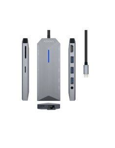 AISENS USB-C Dock 9 en 1, USB-C a 1x HDMI, 1xRJ45, 3x USB, 1x PD, 1x Audio, 1x SD, 1x Micro SD, Gris, 15 cm