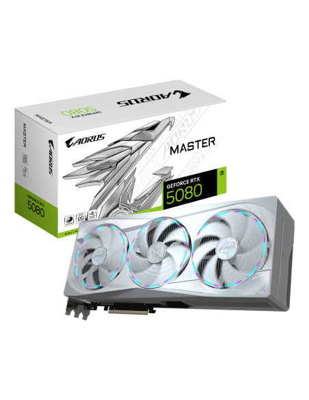 GIGABYTE AORUS GeForce RTX 5080 MASTER ICE 16G Tarjeta Gráfica - 16GB GDDR7, 256 bits, PCI-E 5.0, 2805MHz Core Clock, 3 x DP 2.1