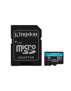 Kingston Technology Tarjeta microSDXC Canvas Go Plus Gen4 de 64 GB, 200 MB/s, A2 U3 V30 y adaptador