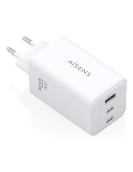 AISENS Cargador GaN 100W, 2x USB-C PD3.0 QC4.0 QC5.0, 1x USB-A QC3.0, Blanco