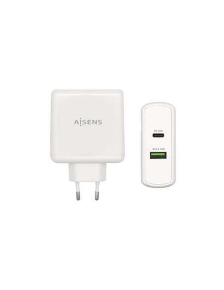 AISENS Cargador 48 W, 1x USB-C PD3.0 30 W, 1x USB-A QC3.0 18 W, Blanco