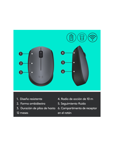 Logitech M170 Grey-K ratón Oficina Ambidextro RF inalámbrico Óptico 1000 DPI