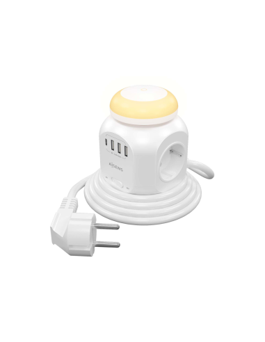 AISENS Regleta de Enchufes Sobremesa Multifuncion con 4 Tomas + 1XUSB-C, 3XUSB-A, Luz Nocturna, 1.8M, Blanco