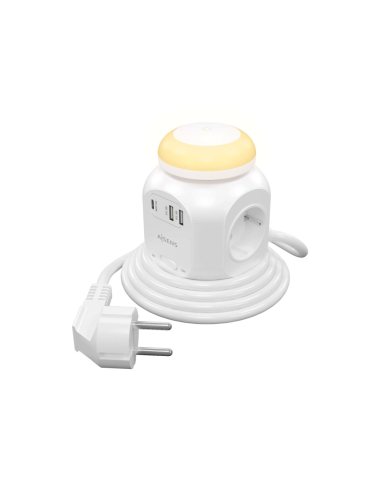 AISENS Regleta de Enchufes Sobremesa Multifuncion con 4 Tomas + 1xUSB-C 20W PD3.0, 2xUSB-A 18W QC3.0, Luz Nocturna, 1.8M, Blanco