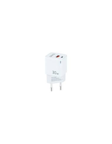 TooQ Cargador de Pared GaN USB-C/PD + USB-A/QC 30W, Blanco