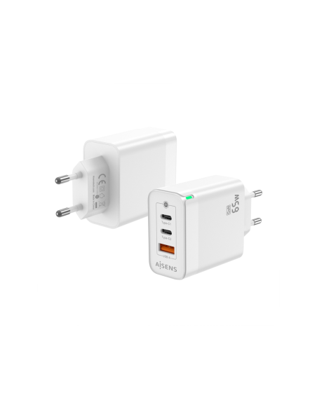 AISENS Cargador Gan 65W, 2xUSB-C PD3.0 QC4.0, 1xUSB-A QC3.0, Blanco