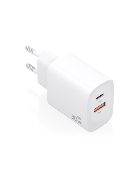 AISENS Cargador GaN 30W, 1xUSB-C PD3.0 QC4.0, 1xUSB-A QC3.0, Blanco