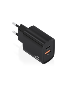 AISENS Cargador GaN 30W, 1xUSB-C PD3.0 QC4.0, 1xUSB-A QC3.0, Negro