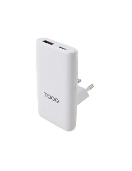 TooQ Cargador de viaje Tipo C y Tipo A, GaN 65W, USB-C/PD + USB-A/QC, Blanco