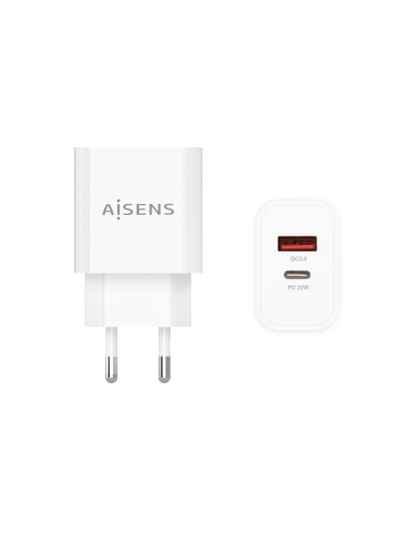AISENS Cargador 20W, 1xUSB-C PD3.0, 1xUSB-A QC3.0, Blanco