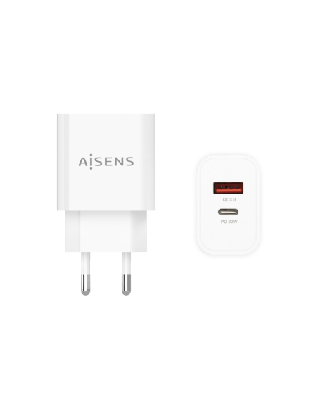 AISENS Cargador 20W, 1xUSB-C PD3.0, 1xUSB-A QC3.0, Blanco