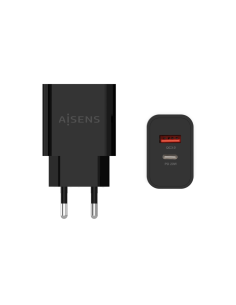 AISENS Cargador 20W, 1xUSB-C PD3.0, 1xUSB-A QC3.0, Negro
