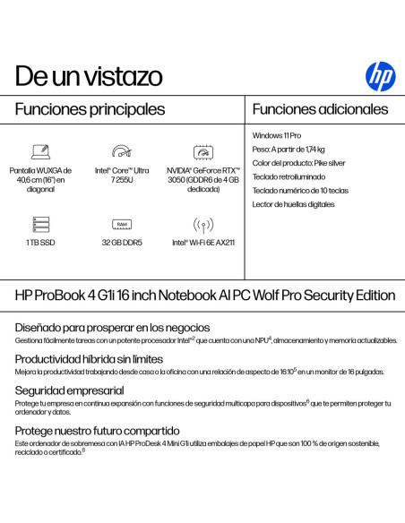 HP ProBook 4 G1i AI Wolf Pro Security Edition Intel Core Ultra 7 255U Portátil 40,6 cm (16") WUXGA 32 GB DDR5-SDRAM 1 TB SSD Wi-