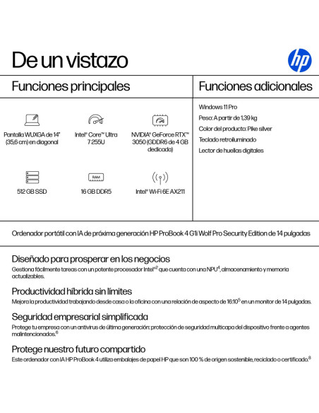 HP ProBook 4 G1i AI Wolf Pro Security Edition Intel Core Ultra 7 255U Portátil 35,6 cm (14") WUXGA 16 GB DDR5-SDRAM 512 GB SSD W