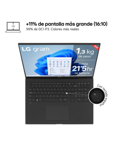LG Gram 17Z90S Intel Core Ultra 7 155H Portátil 43,2 cm (17") WQXGA 16 GB LPDDR5-SDRAM 512 GB SSD Wi-Fi 6E (802.11ax) Windows 11